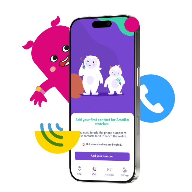 Ilustrace mobilní aplikace s funkcí volání pro dětské hodinky KLOKI, zobrazuje přidání kontaktu a kreslené postavičky