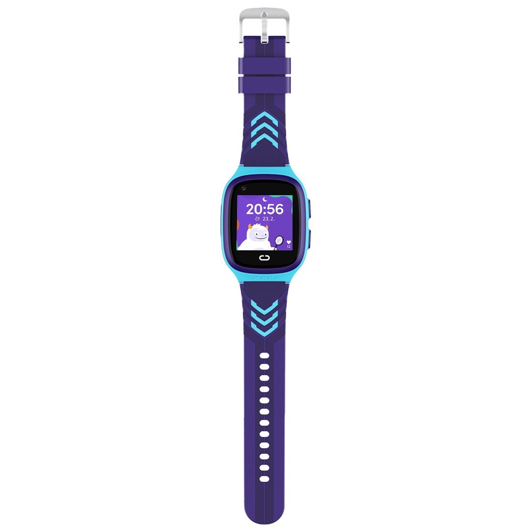 Chytré dětské hodinky KLOKI s modrým tělem a tmavě modrým silikonovým řemínkem s modrými detaily a kovovou přezkou.