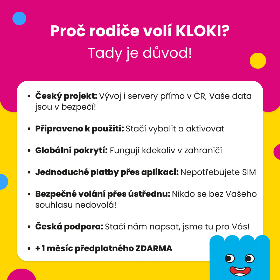 Barevný informační banner s nadpisem ‘Proč rodiče volí KLOKI? Tady je důvod!’. Bílé textové pole obsahuje seznam výhod produktu, včetně českého projektu, snadného použití, globálního pokrytí, jednoduchých plateb, bezpečného volání, české podpory a jednoho měsíce předplatného zdarma. Pozadí je kombinace růžové a žluté s barevnými kruhy. V pravém dolním rohu je usměvavá modrá kreslená postavička.