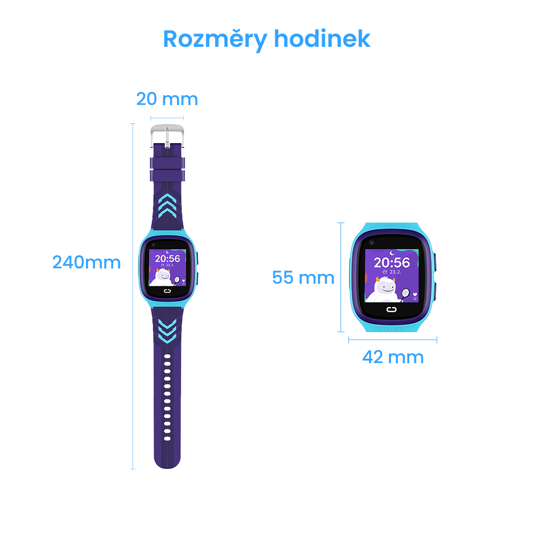 Obrázek znázorňuje přesné rozměry dětských hodinek KLOKI. Celková délka hodinek s řemínkem je 240 mm, šířka řemínku je 20 mm, velikost těla hodinek je 55 mm na výšku a 42 mm na šířku.