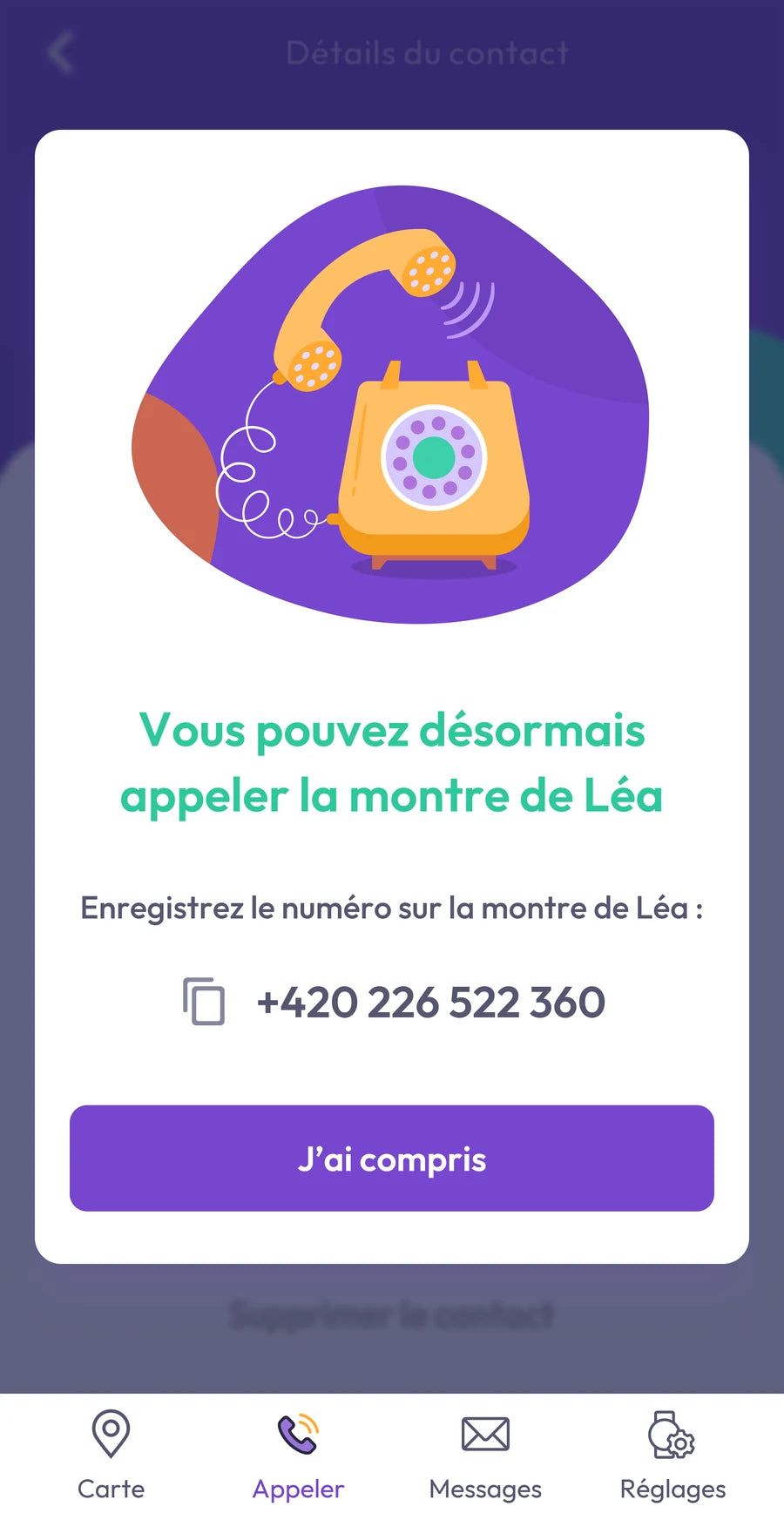 Capture d’écran de l’application : détail d’un contact approuvé avec le numéro de la montre