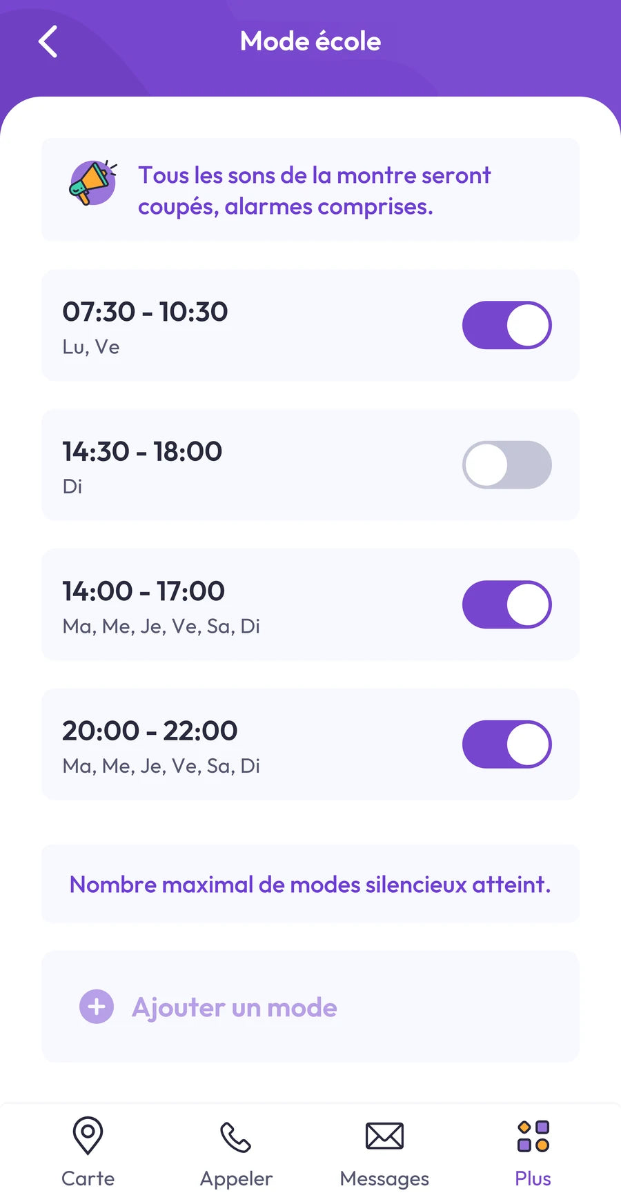 Capture d’écran de l’application : réglage des horaires du mode scolaire