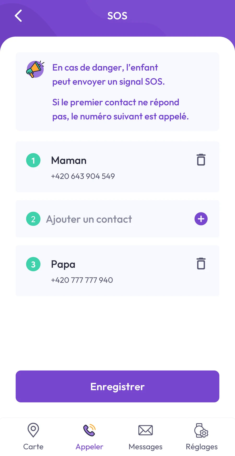 Capture d’écran de l’application : ordre des contacts SOS