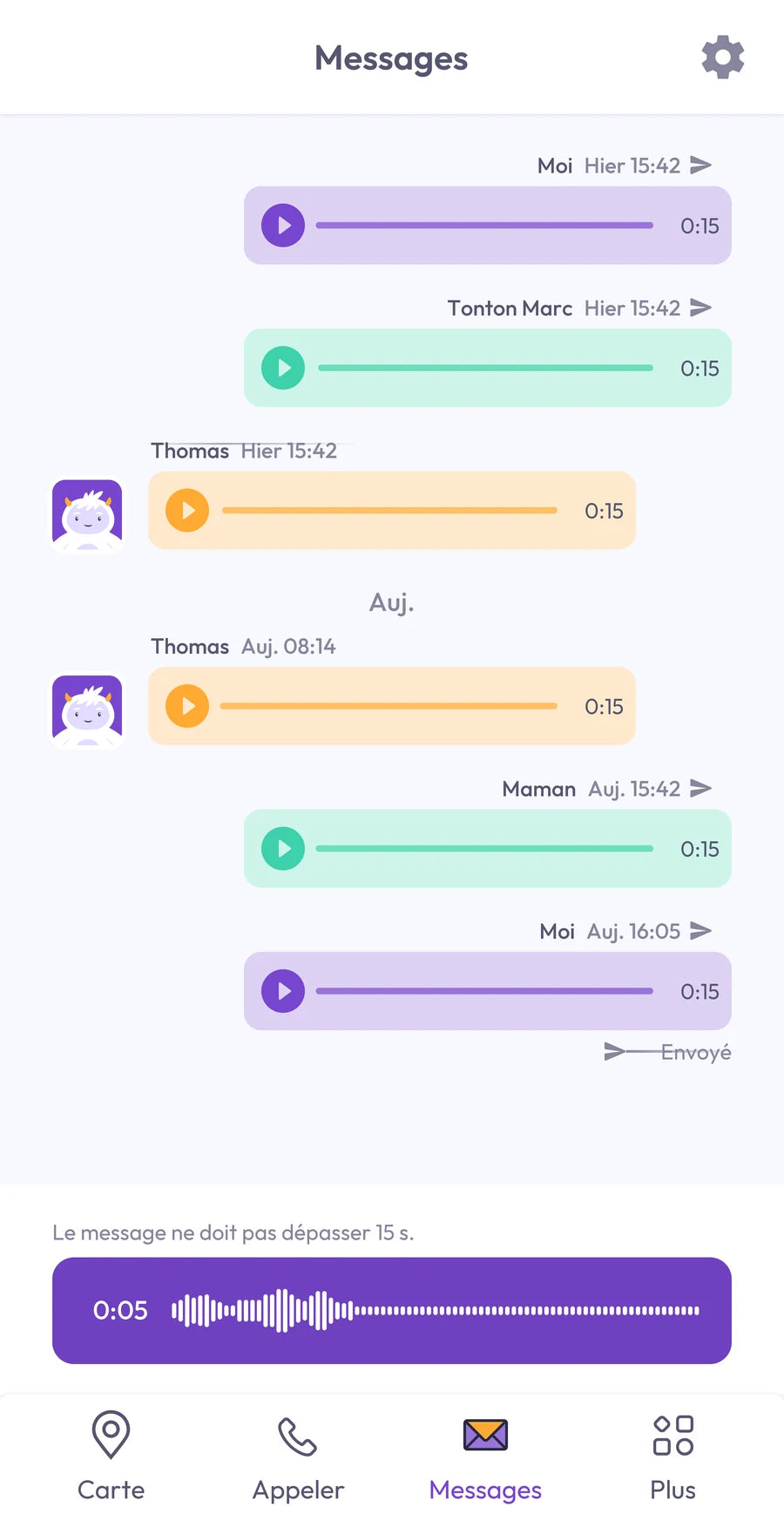 Capture d’écran de l’application : chat avec des messages vocaux