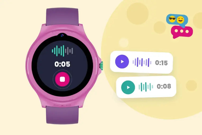 L’enfant maintient le bouton de la montre ; à côté, l’onde du message vocal et la bulle dans l’application.