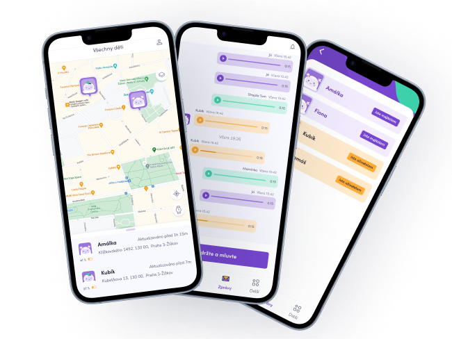 Tři obrazovky mobilní aplikace KLOKI pro rodiče. První zobrazuje mapu s lokalizací dítěte, druhá chat s hlasovými zprávami a třetí seznam uživatelů propojených s hodinkami.