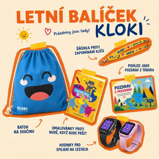 Pack Été KLOKI avec montre GPS enfant, sac, coloriages, tour de cou pour clés et carte postale de vacances