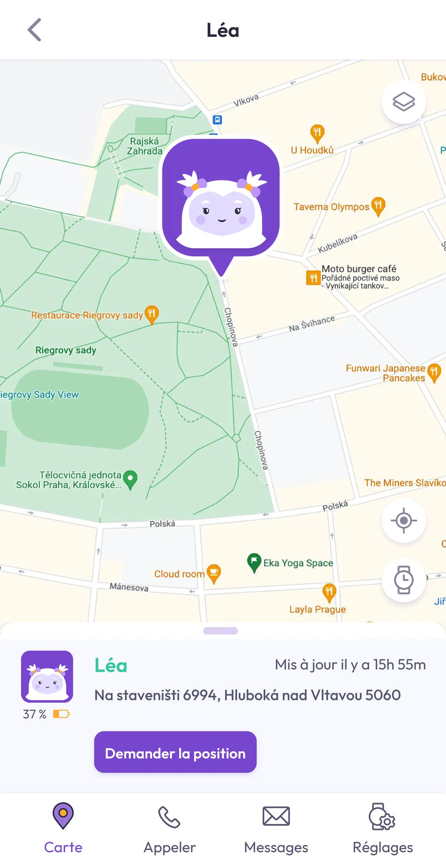 Capture d’écran de l’application : carte avec la position de l’enfant et l’heure du dernier relevé